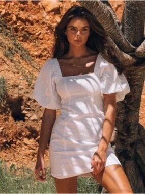 SNDYS Everyday Tuscany Dress  Puff Sleeve Square Neck Mini Size L Revolver